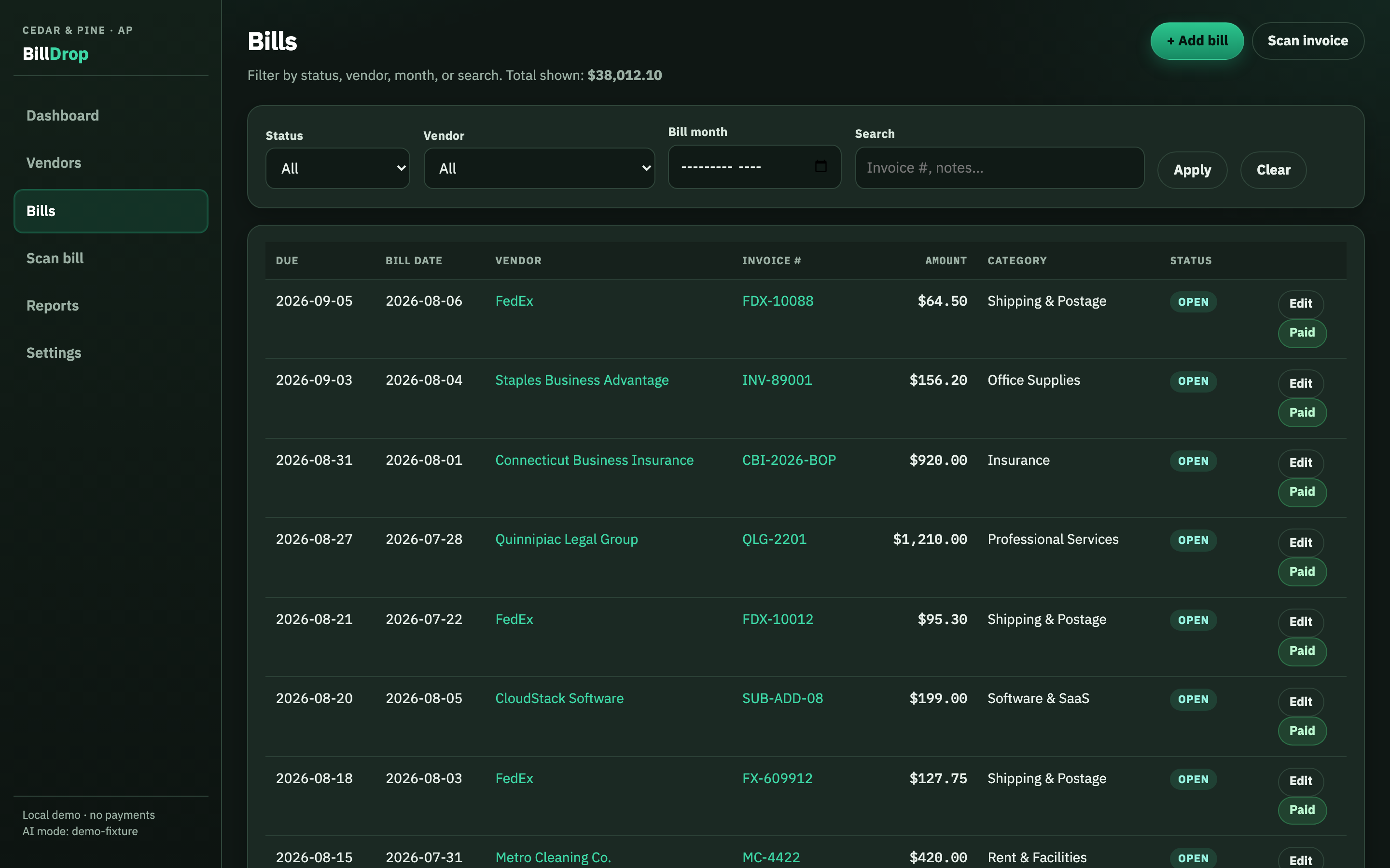 Bills list with compact status, vendor, month, and search filters