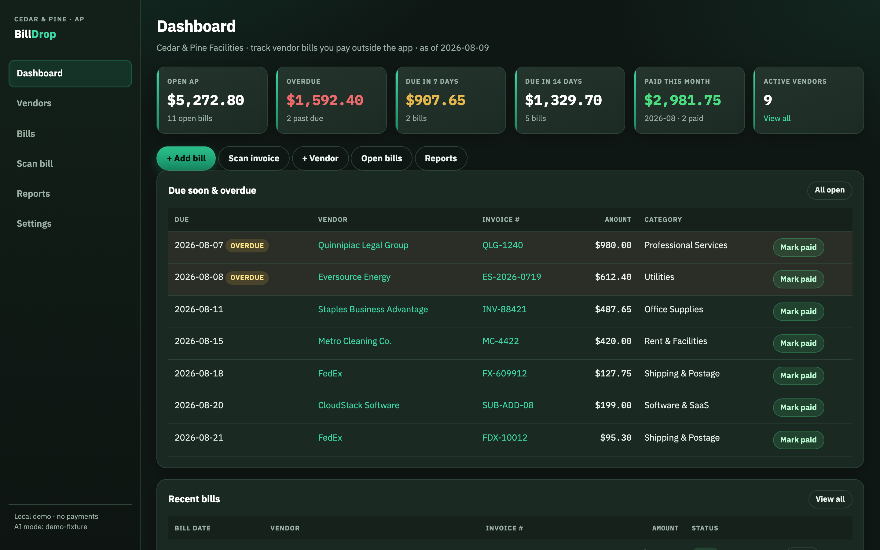 BillDrop AP tracker dashboard