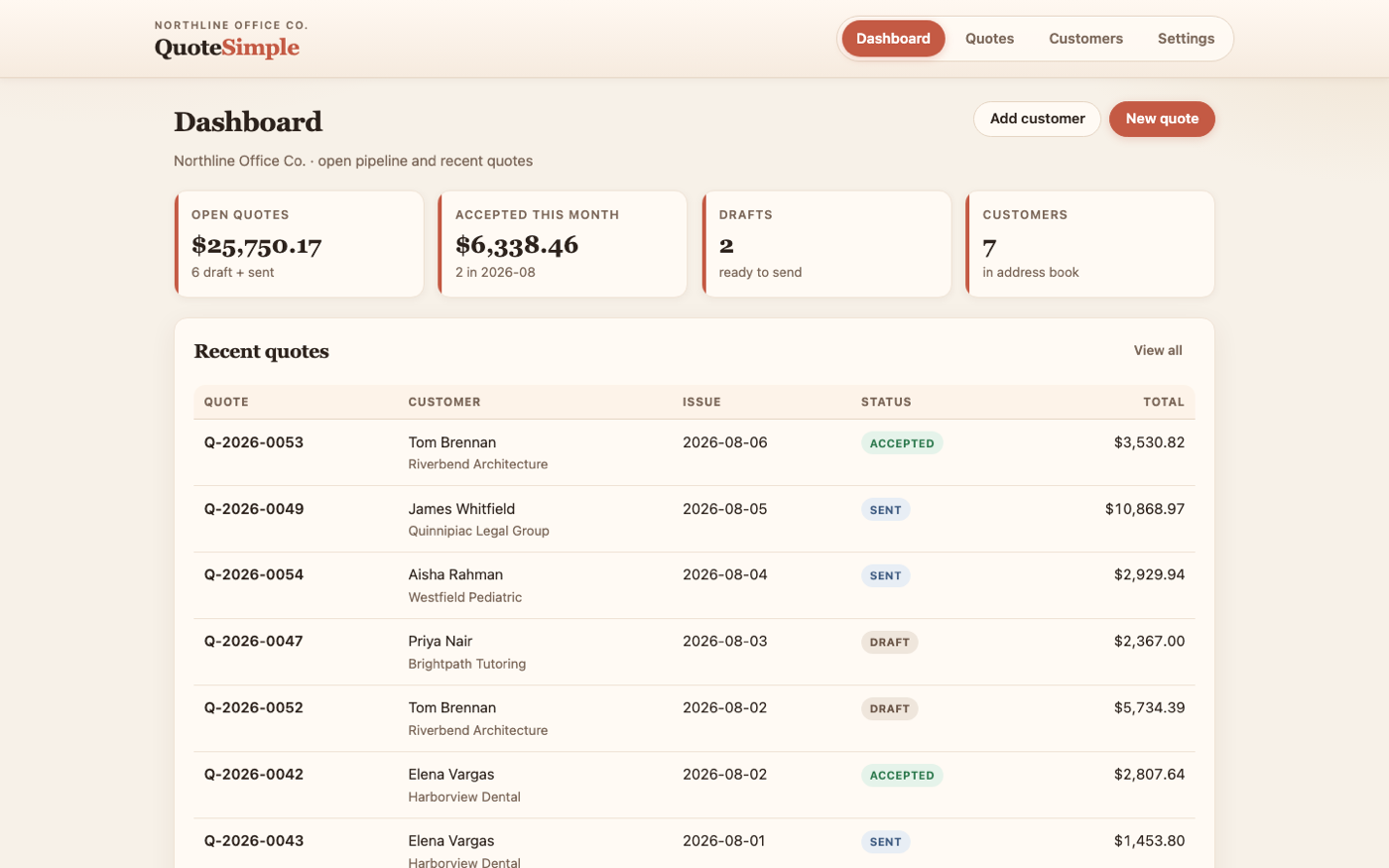 QuoteSimple dashboard