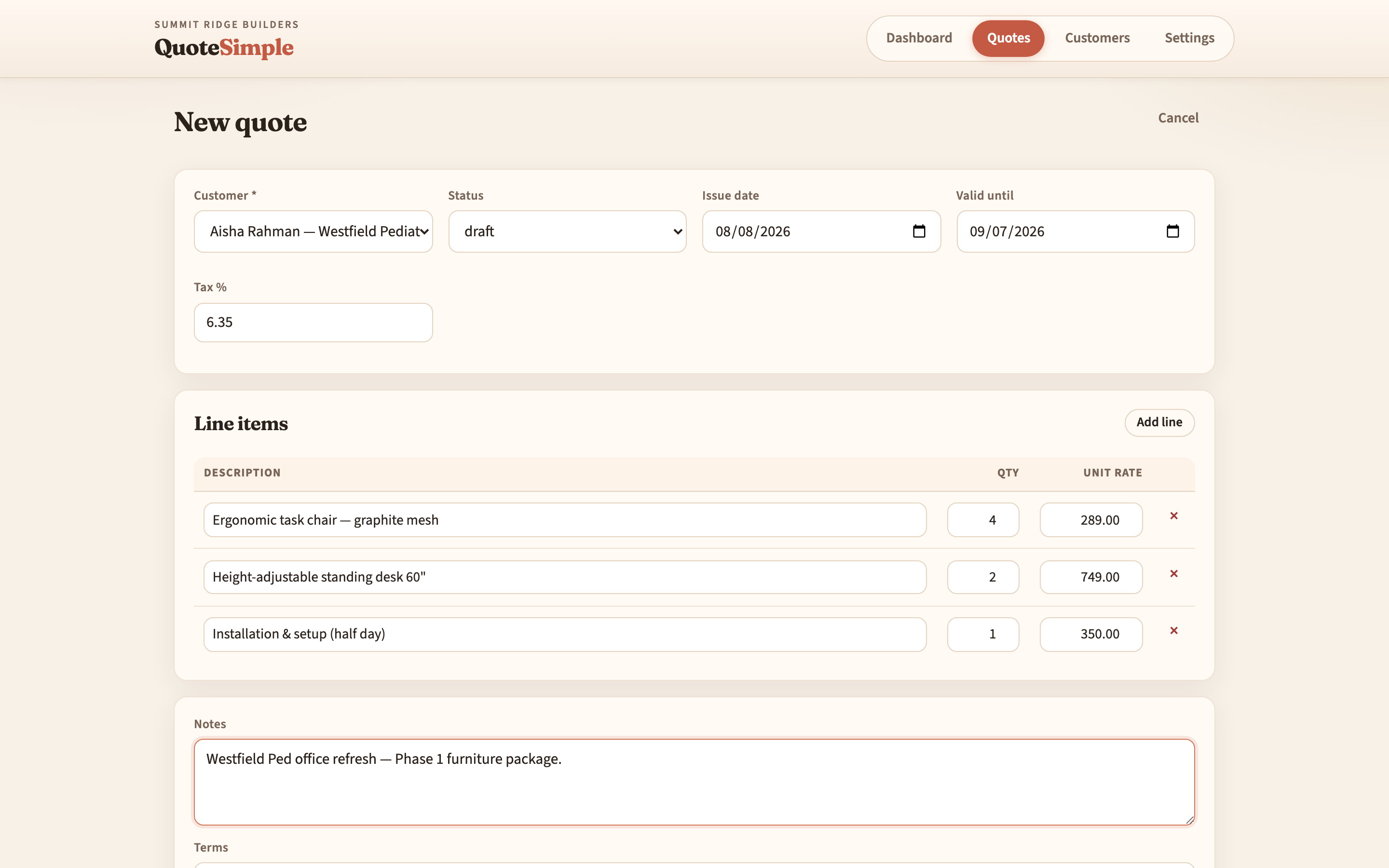 New quote entry with customer, line items, and tax