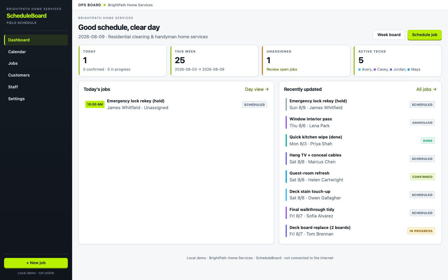 ScheduleBoard dashboard with today’s jobs and crew overview