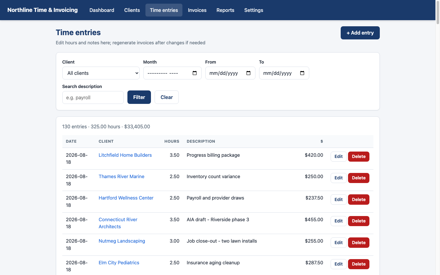 Time entries list with client, hours, and notes